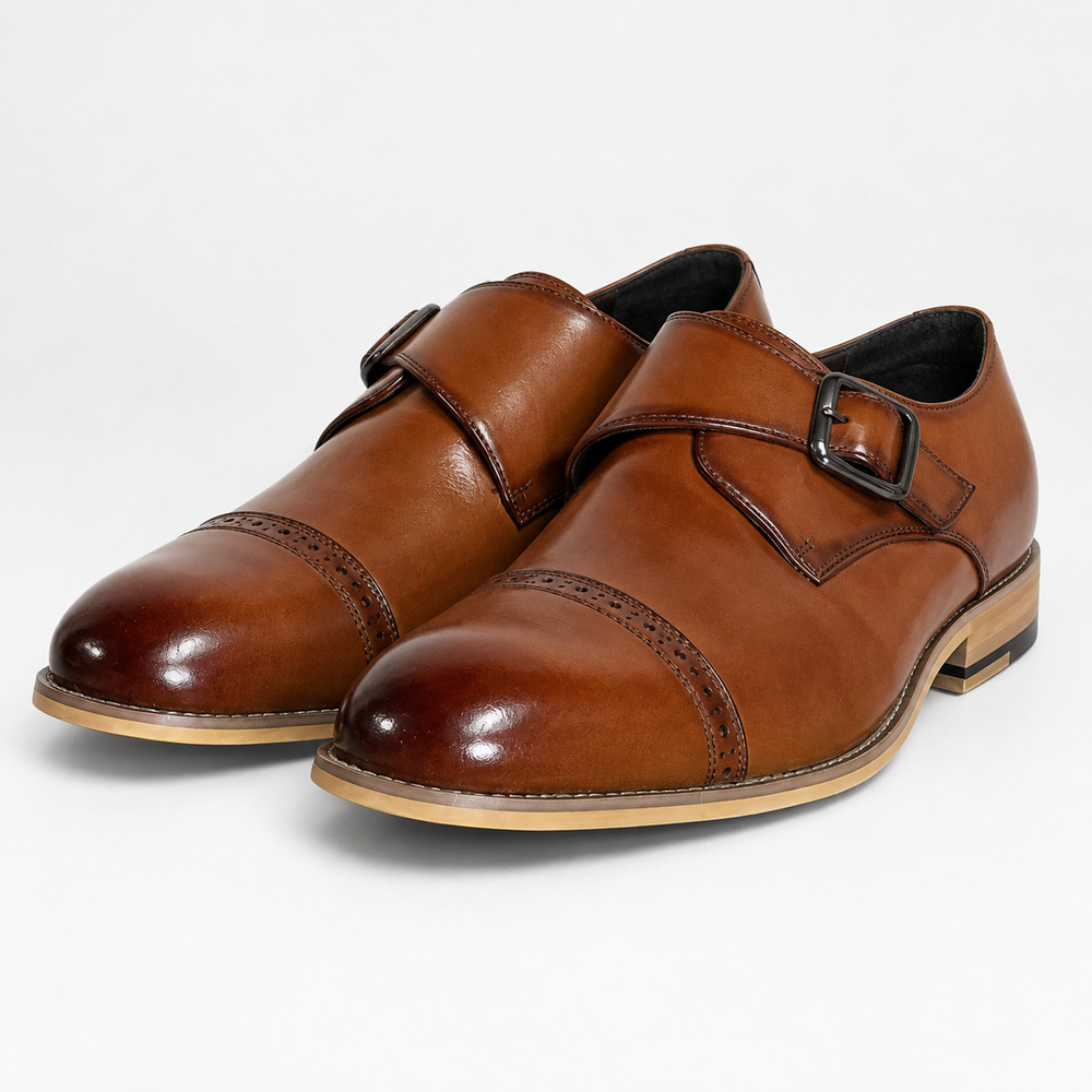 Stacy Adams Desmond Men's 8W Cognac Monk Strap Cap Toe Shoes 25162 NIB
